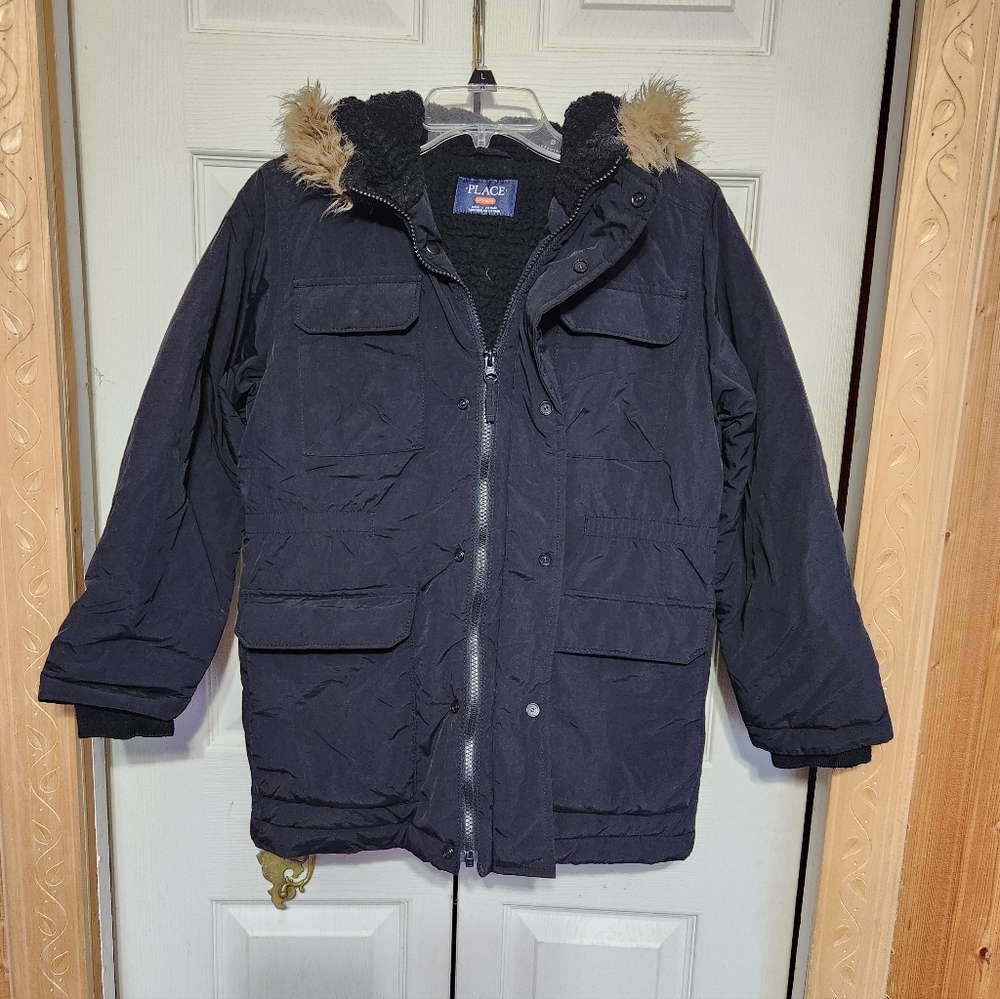 Boys Black Puffer Jacket with Faux Fur Hood - Picture 4 of 12